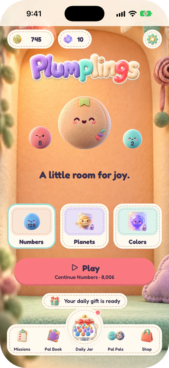 Plumplings home screen: Mup, the Numbers, Planets and Colors worlds, and the Play button