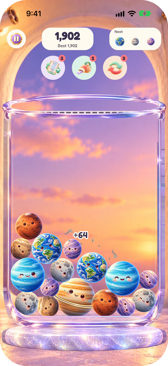 Planets jar under a sunset sky, filling with smiling planets