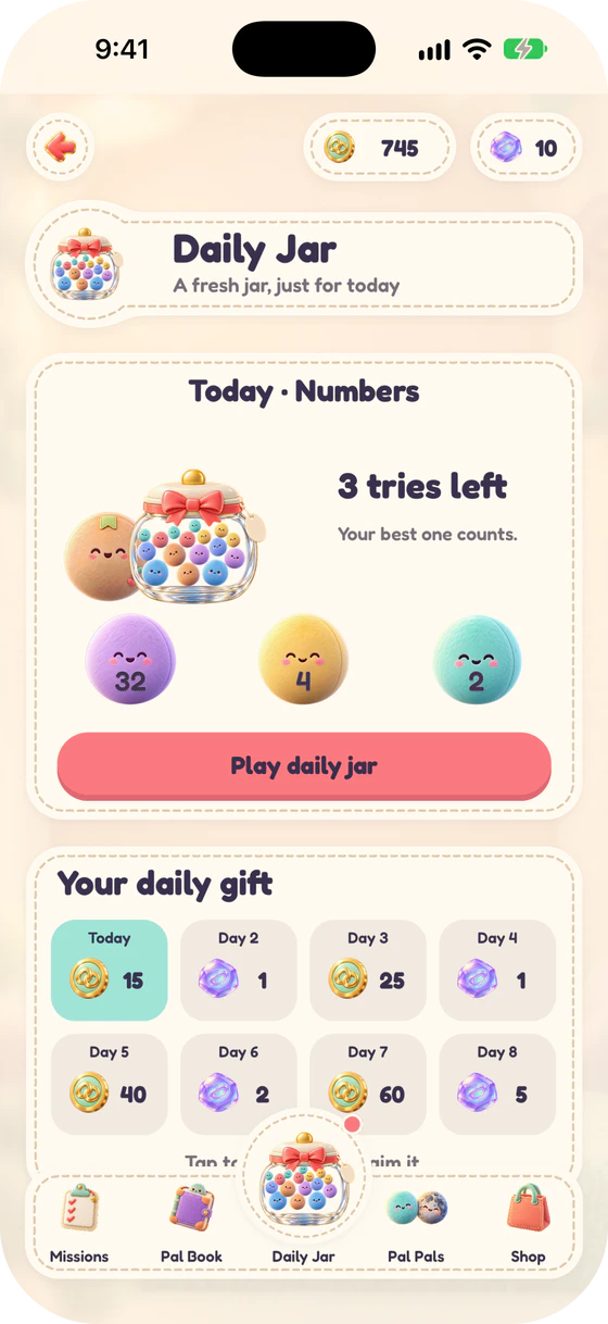 Daily Jar screen: today's Numbers jar with 3 tries left, its starting pals, and the 8-day daily gift calendar